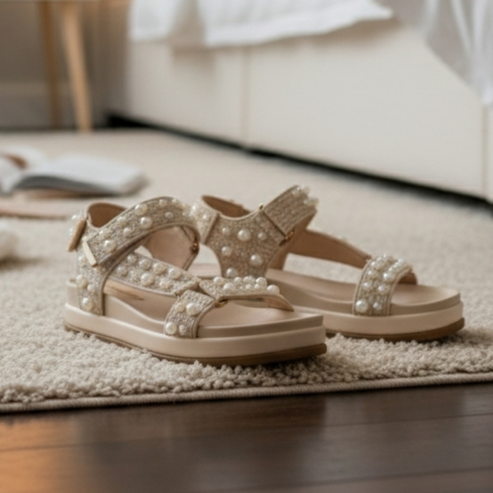 BCBGeneration Behka Raffia Pearl Ankle Strap Platform Flat Sandals Size 10